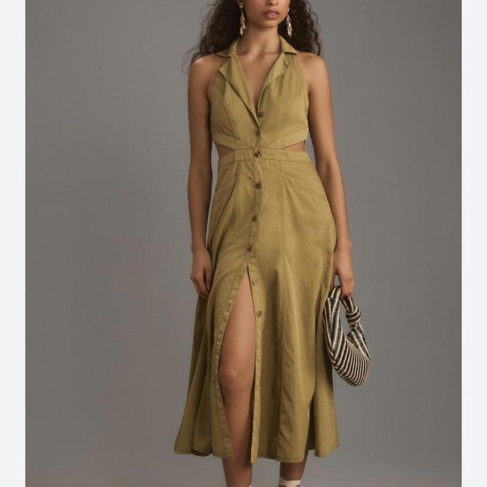 Anthropologie Pilcro Olive green halter neck, cutout sides button up Sz 14P #593
